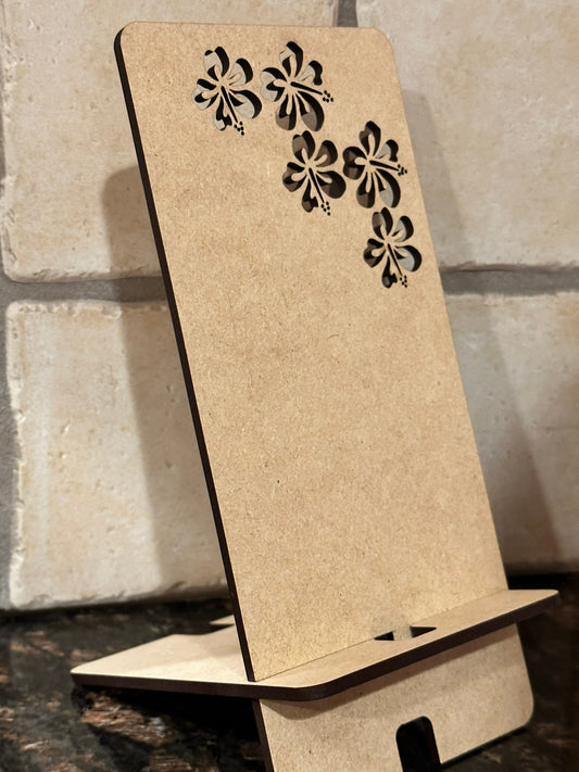 Phone/Tablet Stand - Hibiscus - Professional Quality Custom Laser Cut.  Real wood!