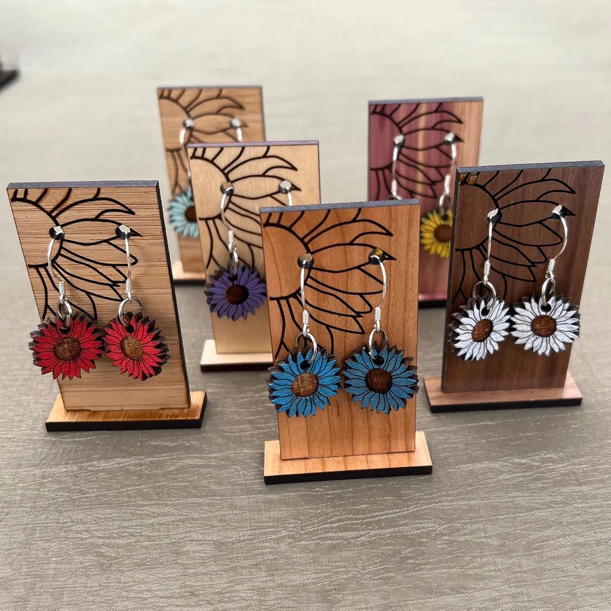 Sunflower Earring Holder Stand/ Display (Set of 6) -Submit your Custom Image or Idea - Professional Quality Custom Laser Cut.  Real wood!