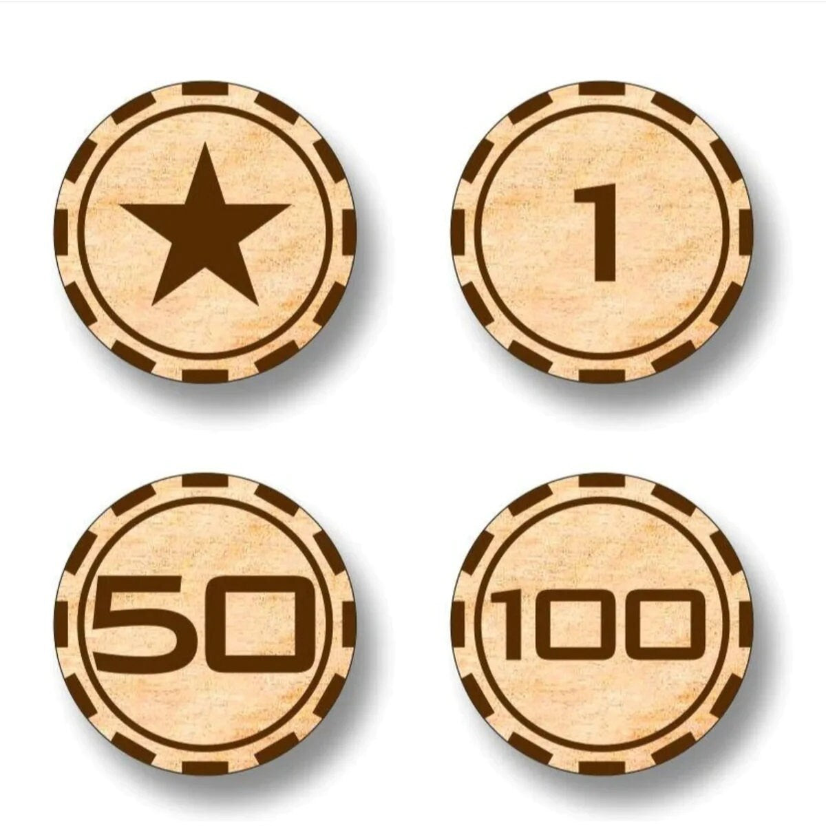 Star Casino Themed Token Chips  (Set of 60) -Submit your Custom Image or Idea - Professional Quality Custom Laser Cut.  Real wood!