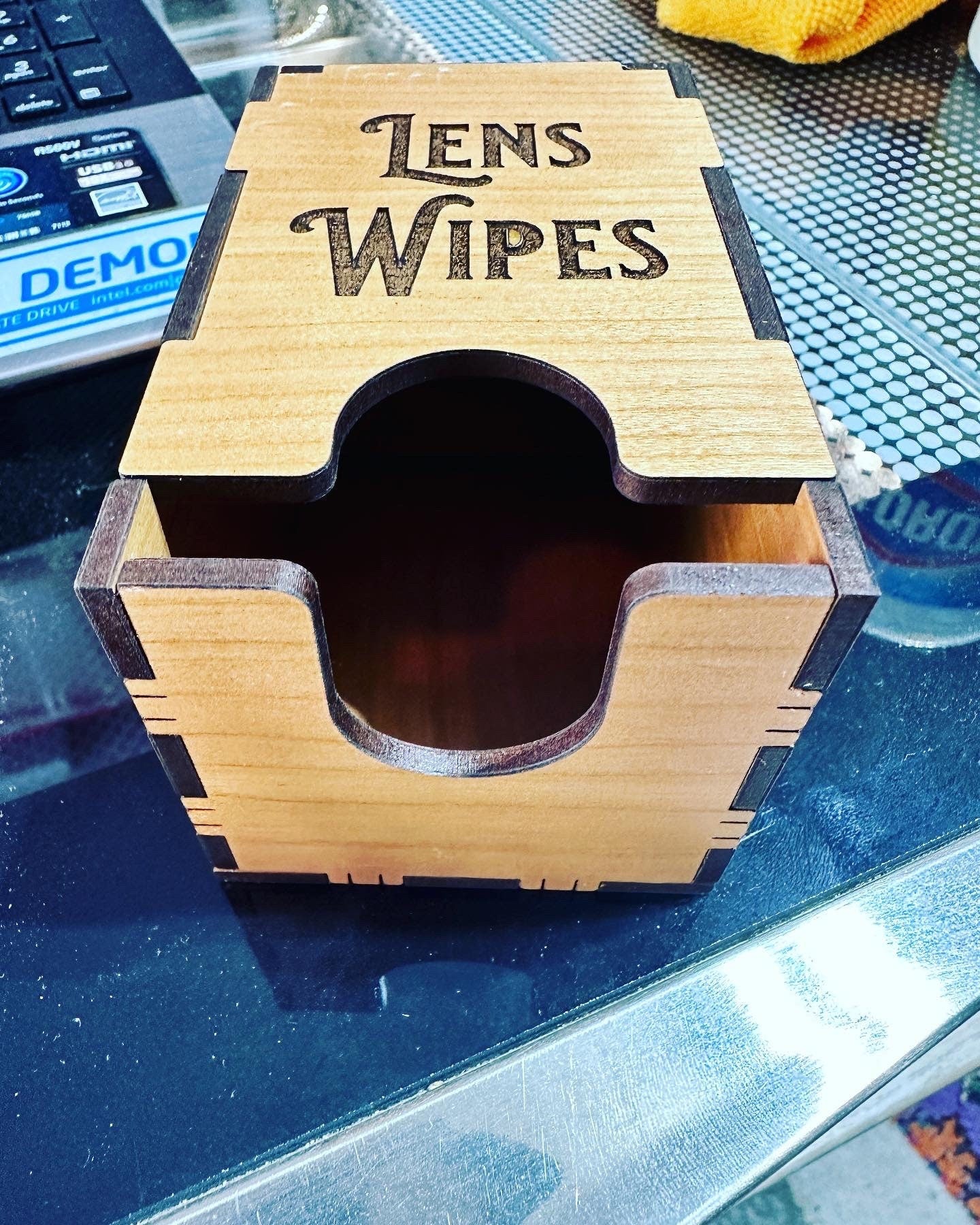 Lens Wipes Container Real wood , green glass acrylic or clear acrylic