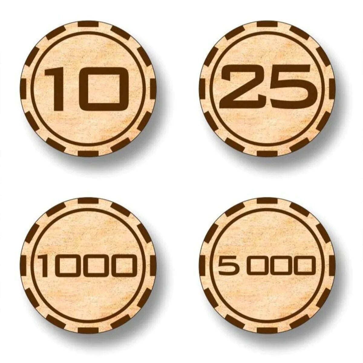 Star Casino Themed Token Chips  (Set of 60) -Submit your Custom Image or Idea - Professional Quality Custom Laser Cut.  Real wood!