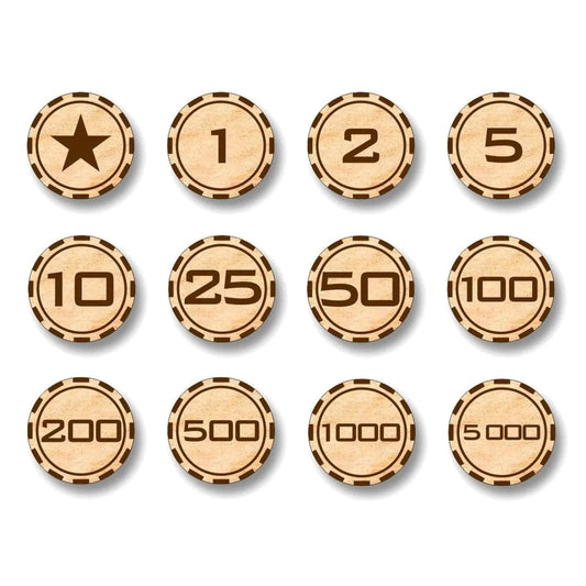 Star Casino Themed Token Chips  (Set of 60) -Submit your Custom Image or Idea - Professional Quality Custom Laser Cut.  Real wood!