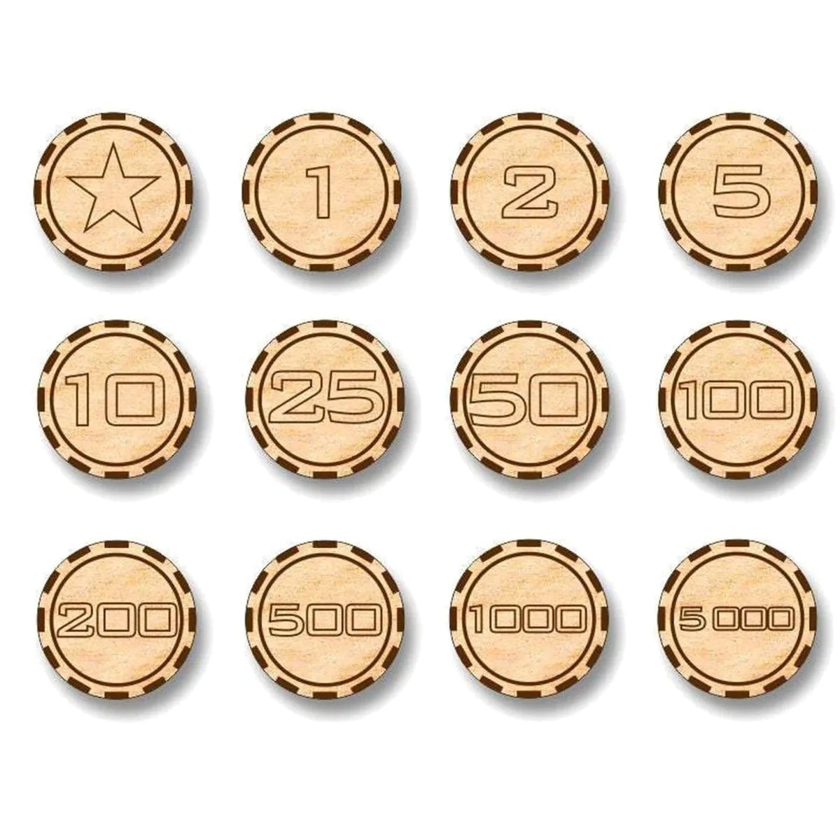 Star Casino Themed Token Chips  (Set of 60) -Submit your Custom Image or Idea - Professional Quality Custom Laser Cut.  Real wood!